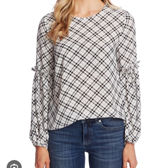 CeCe XL NWT Clueless Preppy Academia black and white plaid Long Sleeve blouse - Picture 1 of 10